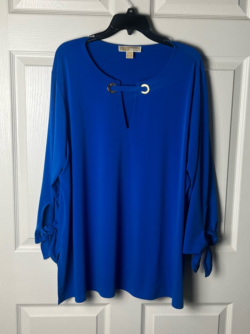 Michael Kors Royal Blue Keyhole Grommet Tie-Sleeve Blouse